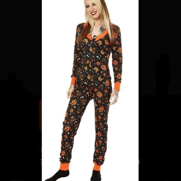 Sourpuss Halloween Themed Adults One Piece Pajama - Picture 1 of 13